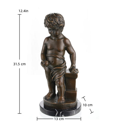 Classical bronze putto statue of a young boy holding fruit, curly-haired cherub sculpture on veined black marble base, loss wax casting figurative art for home library.