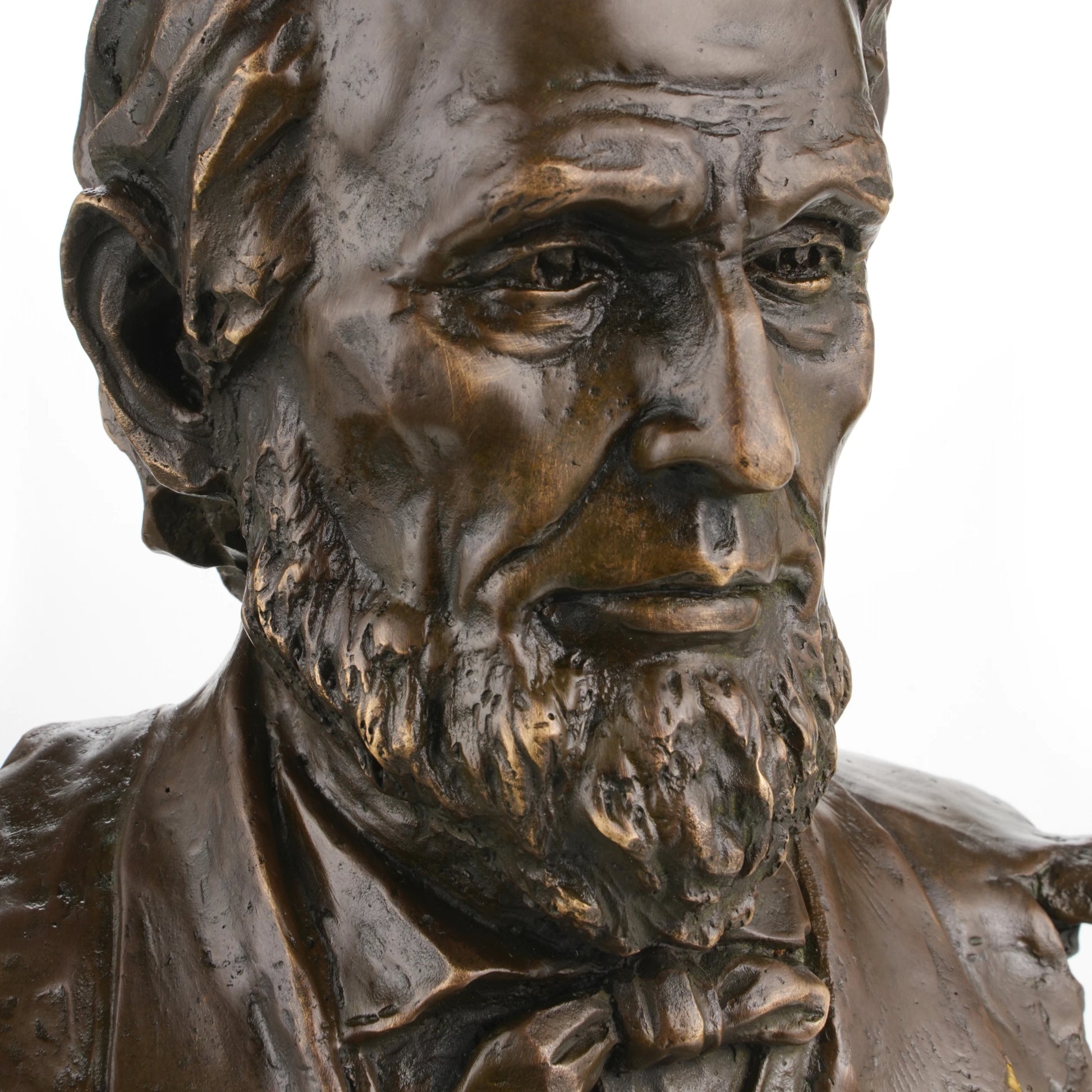 Realistic Abraham Lincoln bronze bust on black marble base, luxury executive office decor, historical American president statue.