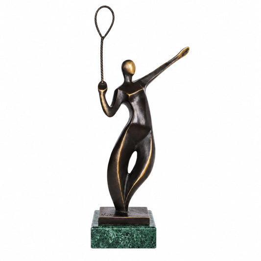 Handcrafted abstract bronze badminton player statue holding a racket in a dynamic athletic pose