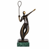 Handcrafted abstract bronze badminton player statue holding a racket in a dynamic athletic pose