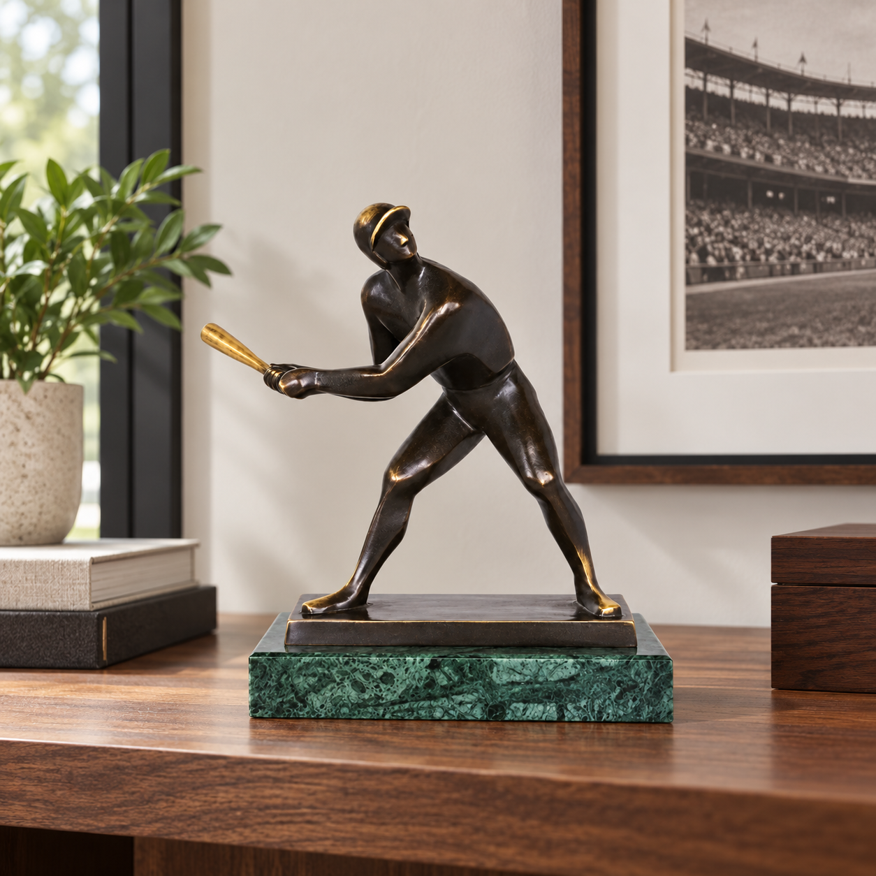 Abstract Baseball Player Bronze Sculpture displayed in a minimalist interior