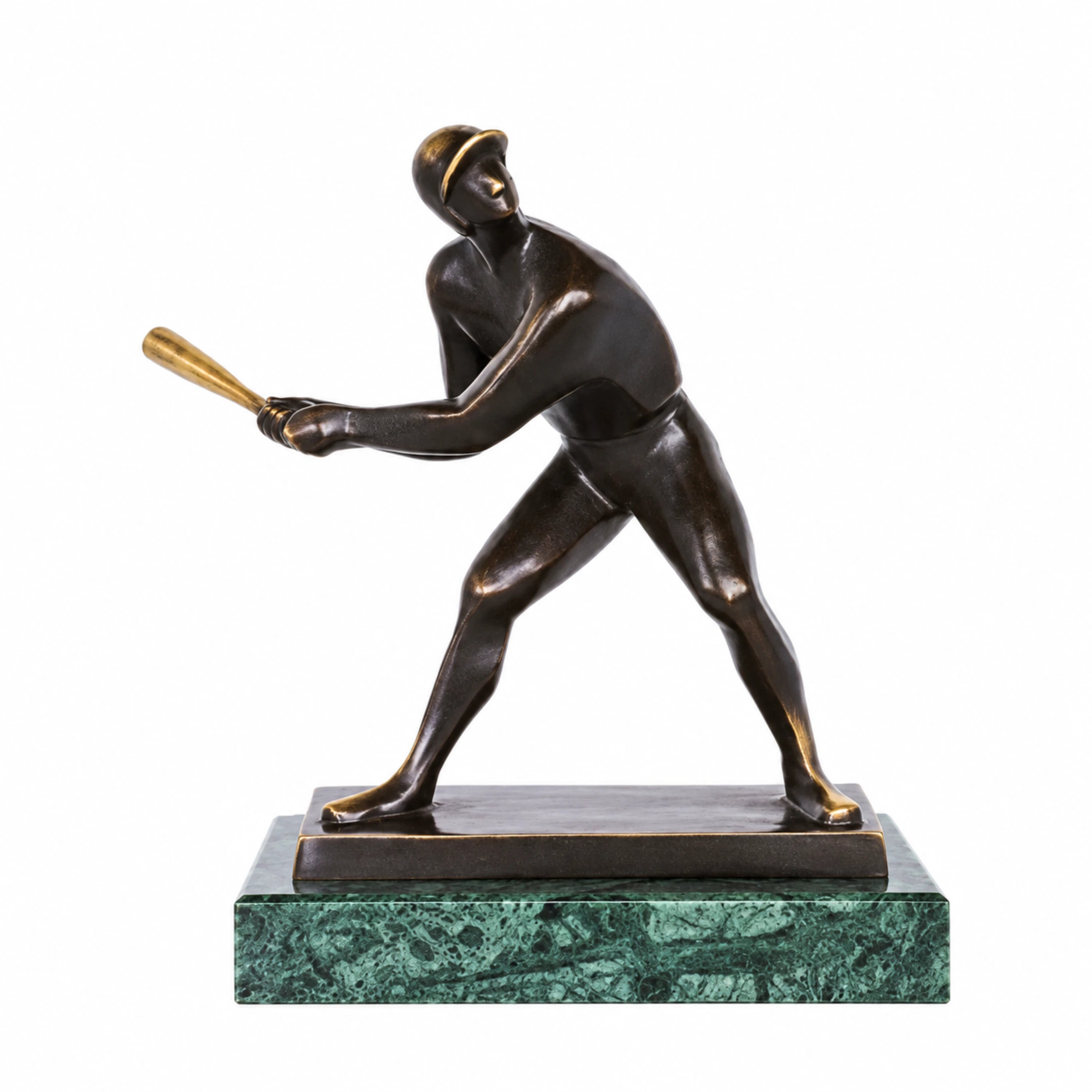 Handcrafted abstract bronze baseball player sculpture in a dynamic batting stance with bat in both hands