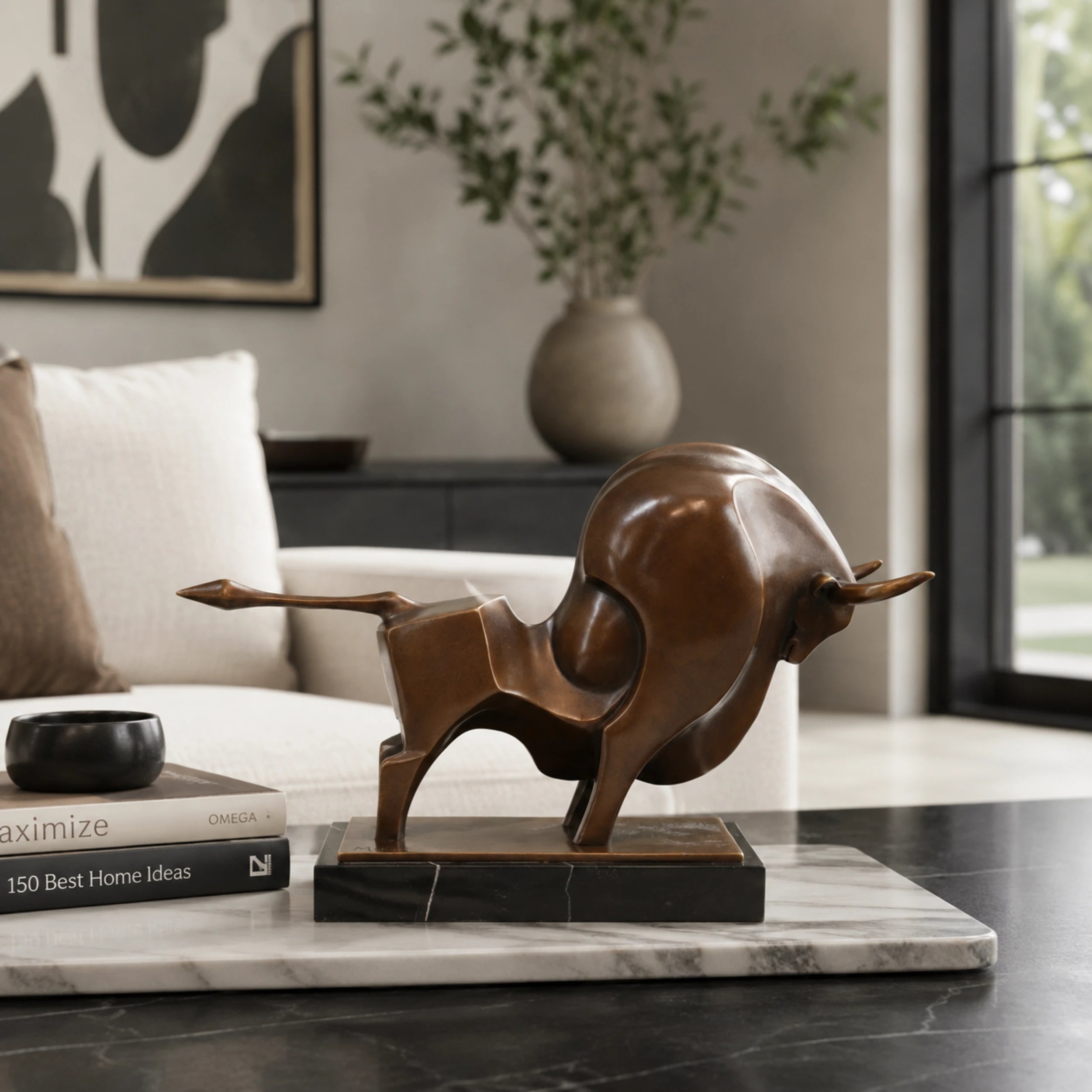 Abstract bronze bull sculpture for executive office decor
