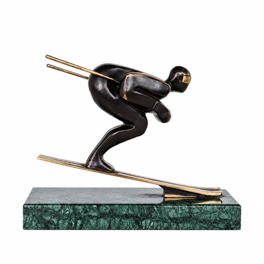 Handcrafted abstract bronze downhill skier sculpture in a low racing stance with skis and poles