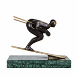 Handcrafted abstract bronze downhill skier sculpture in a low racing stance with skis and poles
