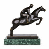Handcrafted abstract bronze equestrian sculpture featuring a rider on a galloping horse