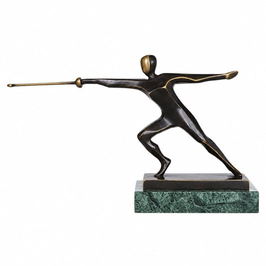 Handcrafted abstract bronze fencing sculpture showing a fencer in a dynamic lunge with sword extended