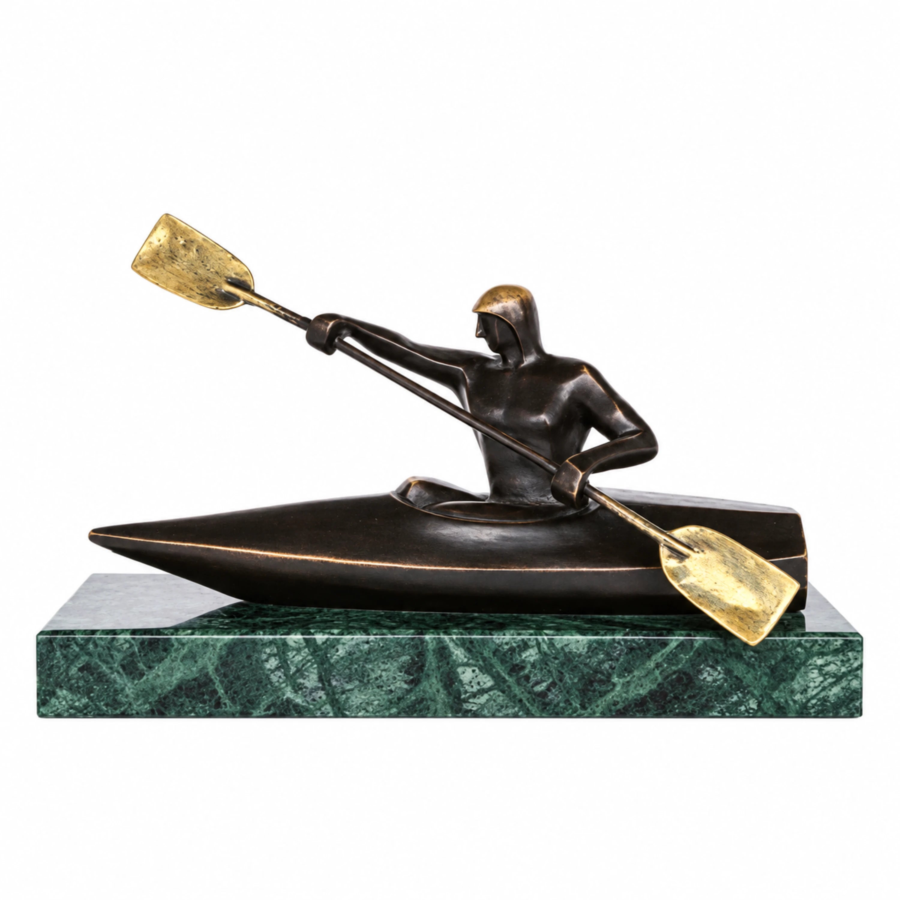 Handcrafted abstract bronze kayak sculpture featuring a kayaker paddling with a double-bladed paddle