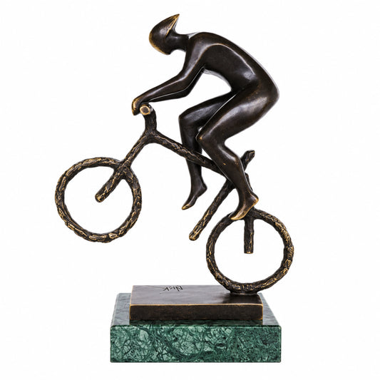 Handcrafted abstract bronze mountain bike sculpture featuring a cyclist in a dynamic off-road riding pose
