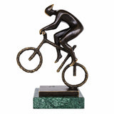 Handcrafted abstract bronze mountain bike sculpture featuring a cyclist in a dynamic off-road riding pose