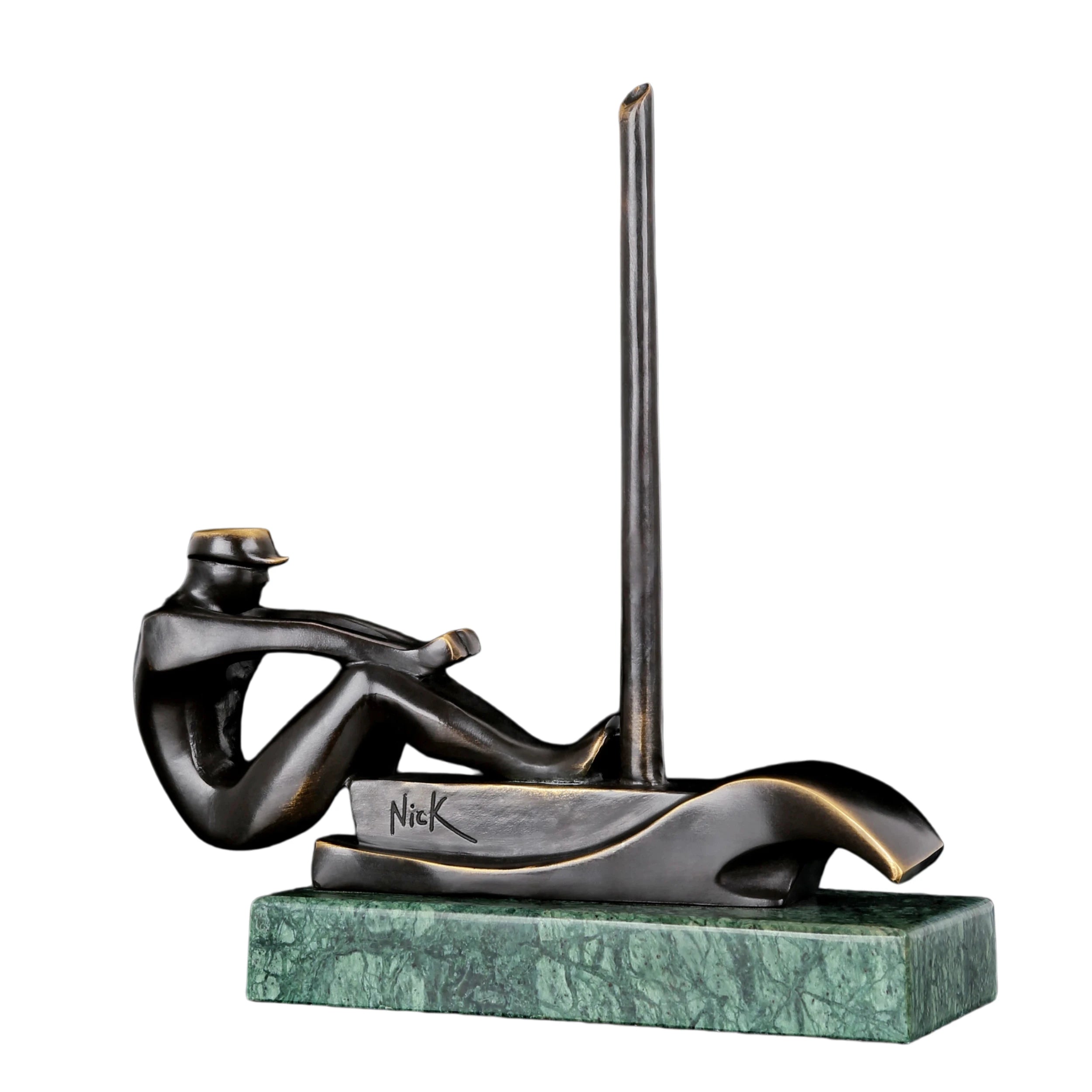 Handcrafted abstract bronze sailing sculpture with stylized sailor and modern sailboat design