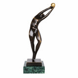 Handcrafted abstract bronze volleyball player sculpture holding a golden ball overhead in an athletic pose