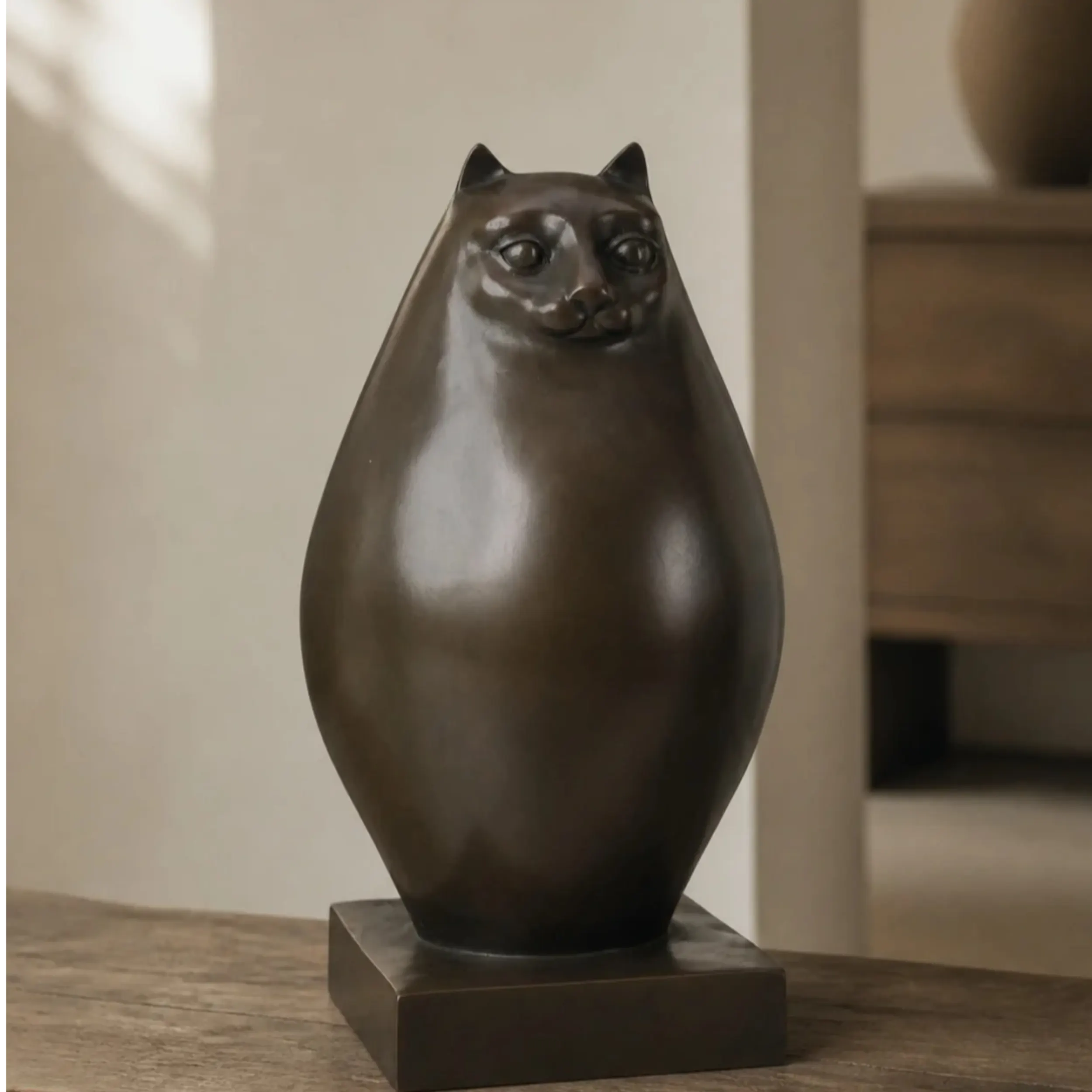 Right view of the abstract cat bronze sculpture set in graduated sizes
