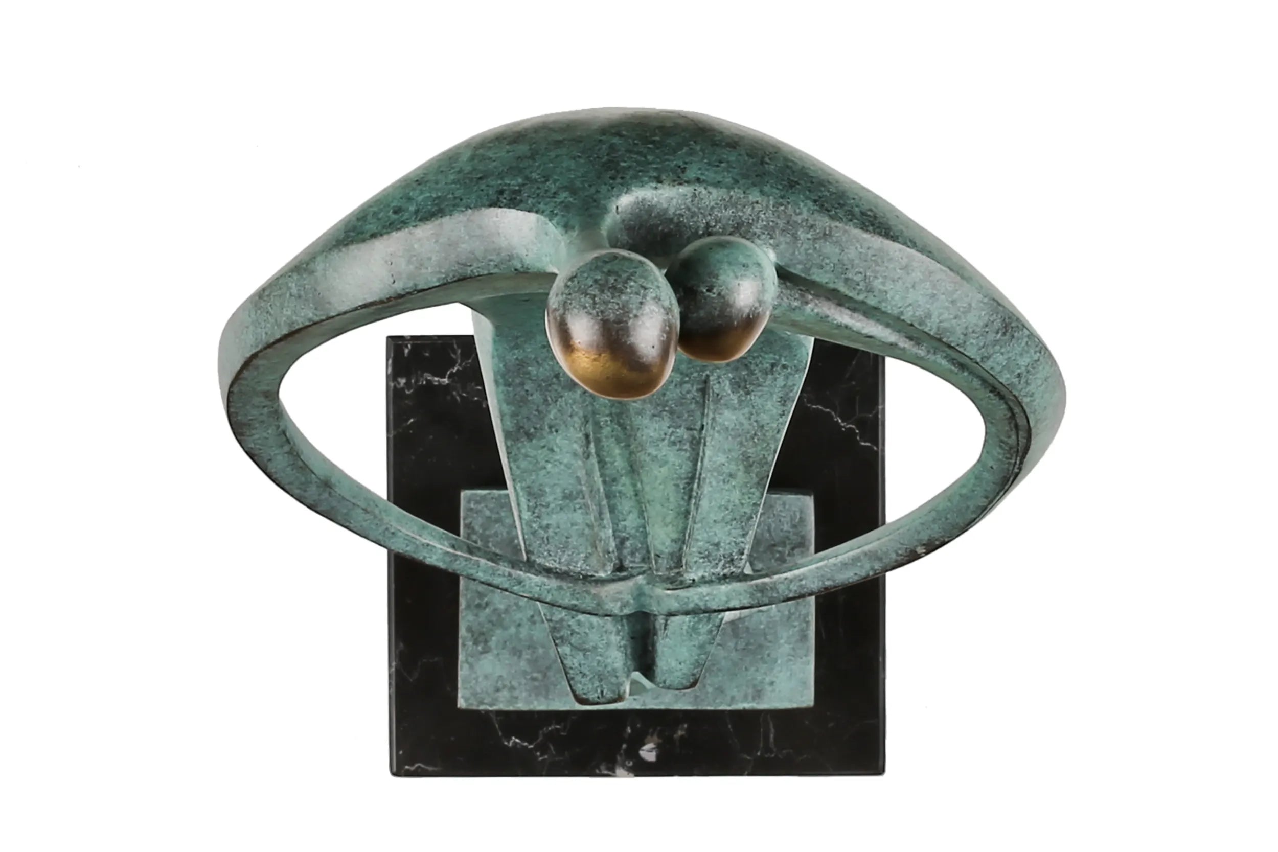 Overhead view of abstract couple bronze sculpture showing the two golden heads and curved arms