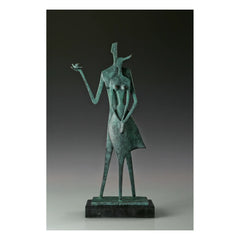Front view of two geometric bronze figures standing together with a bird resting on one hand
