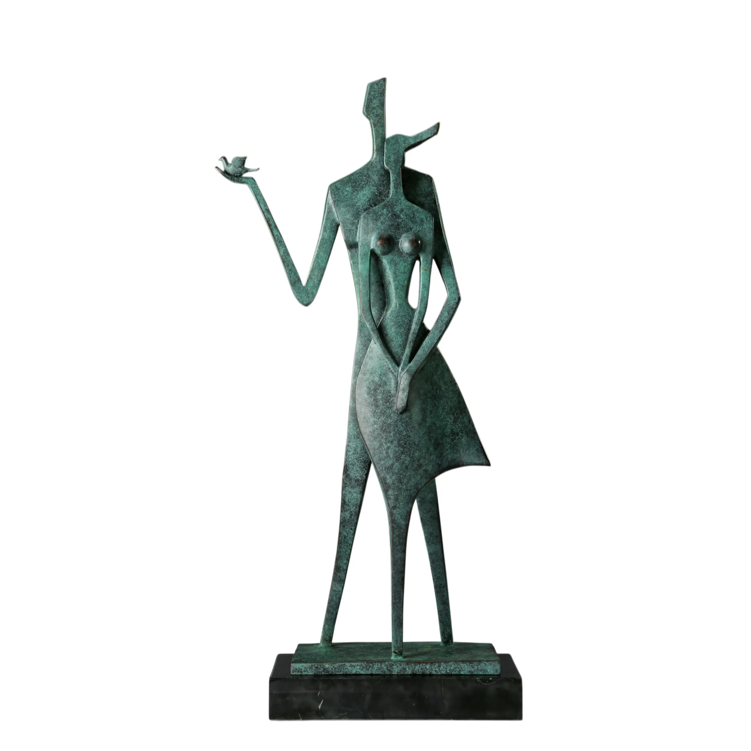Abstract bronze couple sculpture with a small bird, green patina, and black marble base