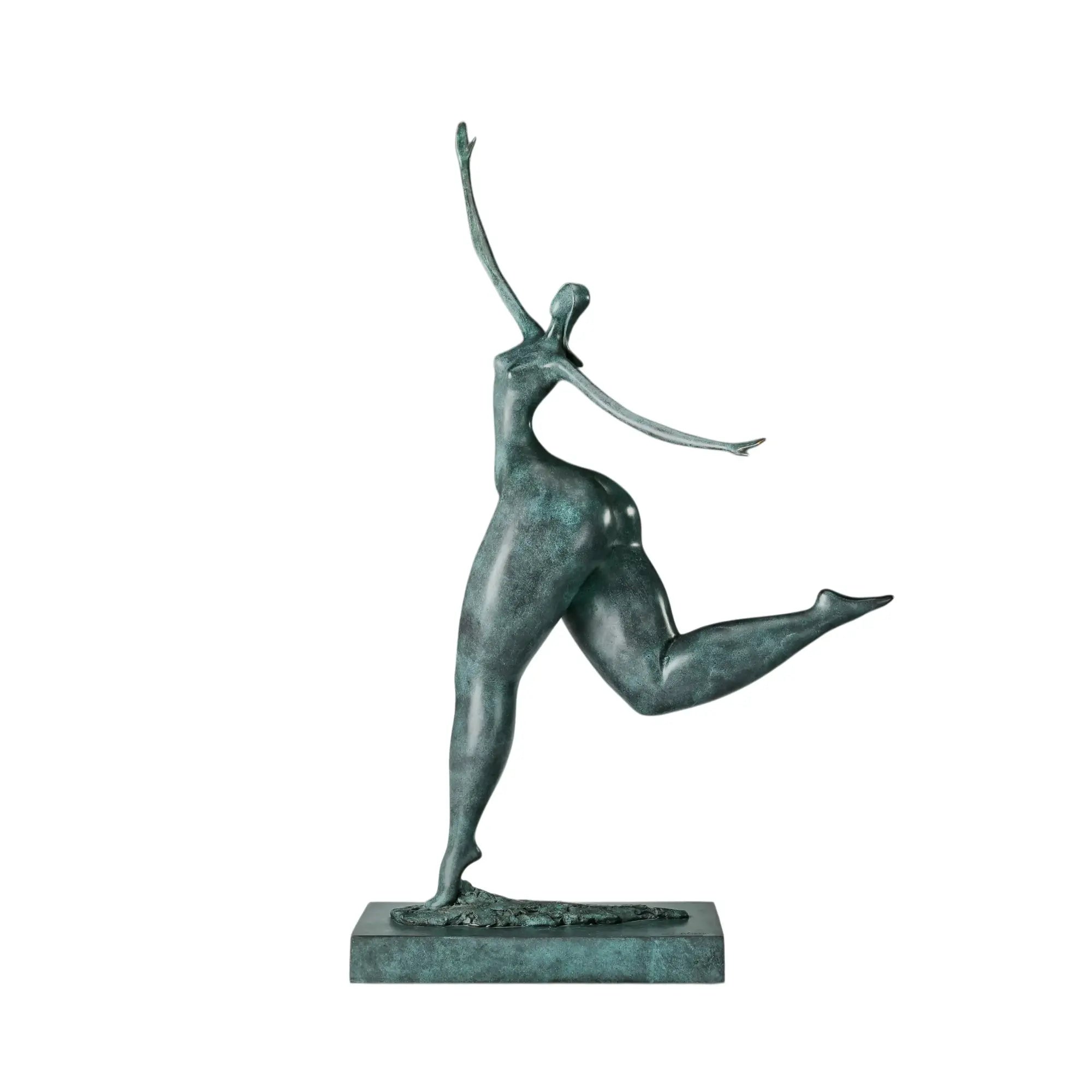 Front view of abstract dancing woman bronze sculpture balancing on one leg with outstretched arms