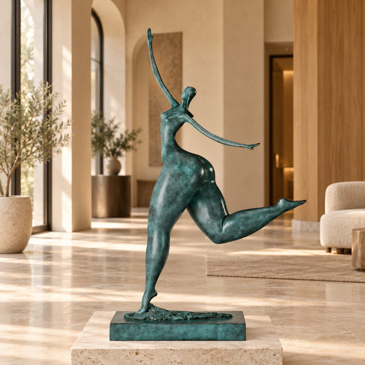 abstract dancing woman bronze sculpture displayed to scale in a refined modern interior