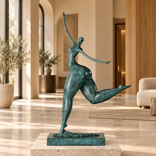 abstract dancing woman bronze sculpture displayed to scale in a refined modern interior