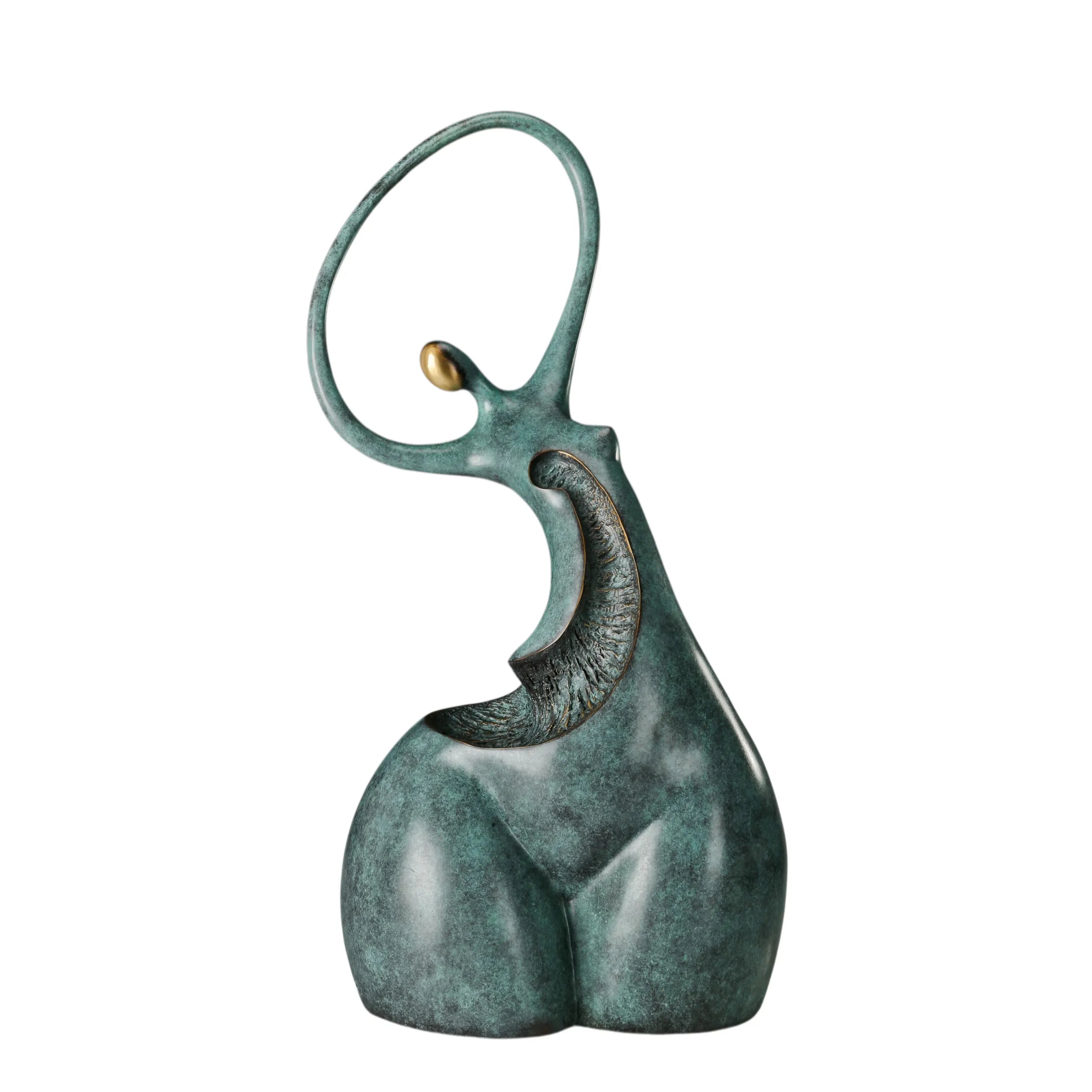 Abstract dancing woman bronze sculpture with circular curves, green patina, and gold-toned face