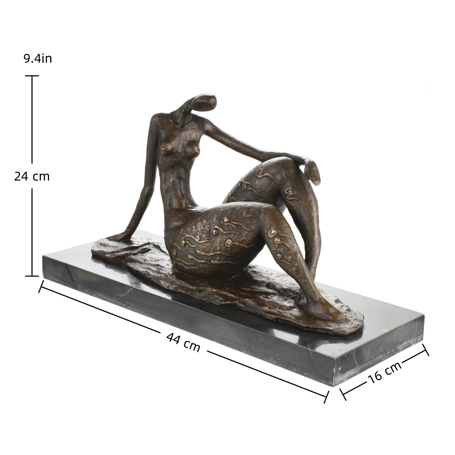 Contemporary abstract bronze seated female sculpture with golden swirls, faceless elongated woman statue on black marble base, loss wax casting modern art.