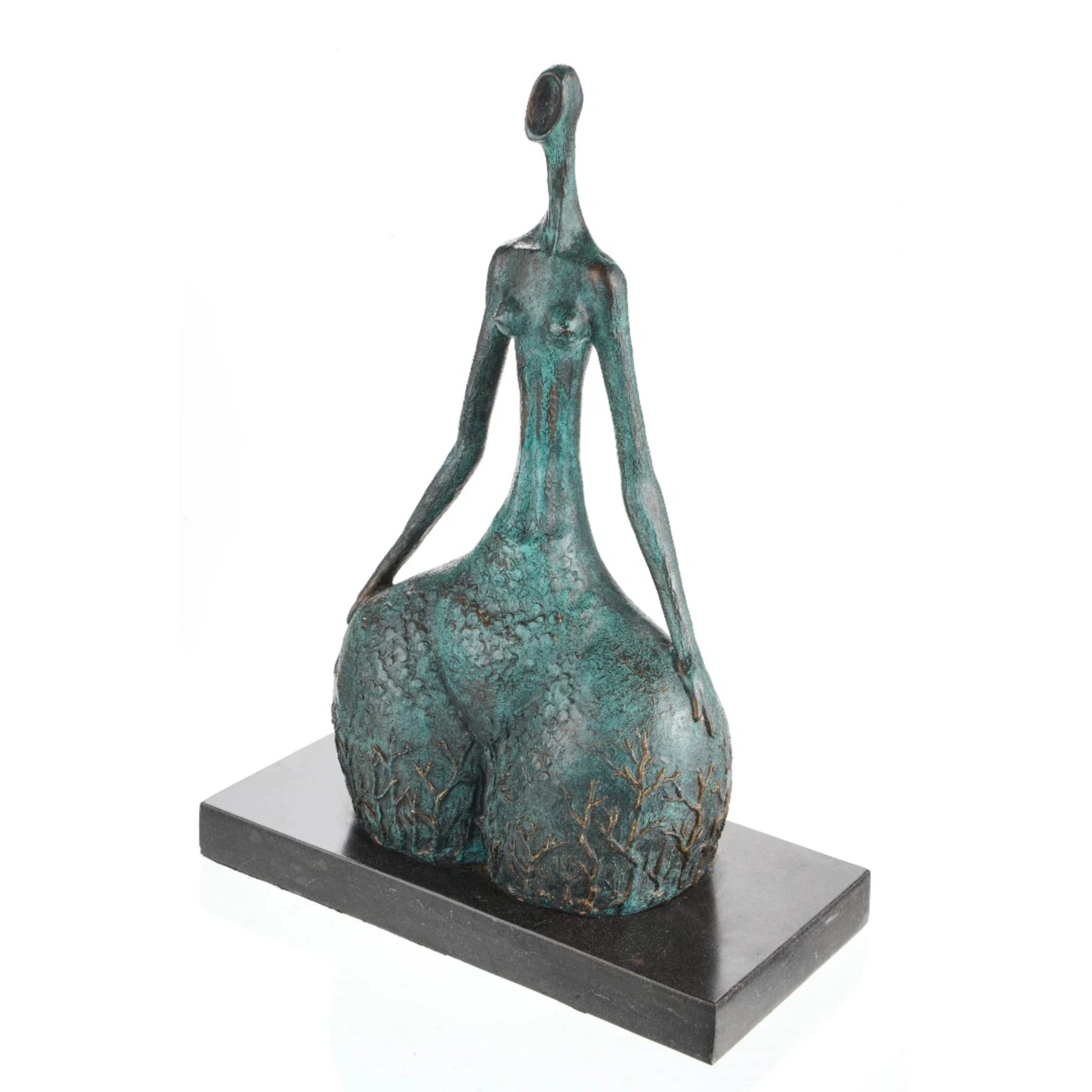 Contemporary abstract bronze female sculpture with green verdigris patina and golden branch motifs, faceless nature-inspired woman statue on black marble base, loss wax casting fine art.