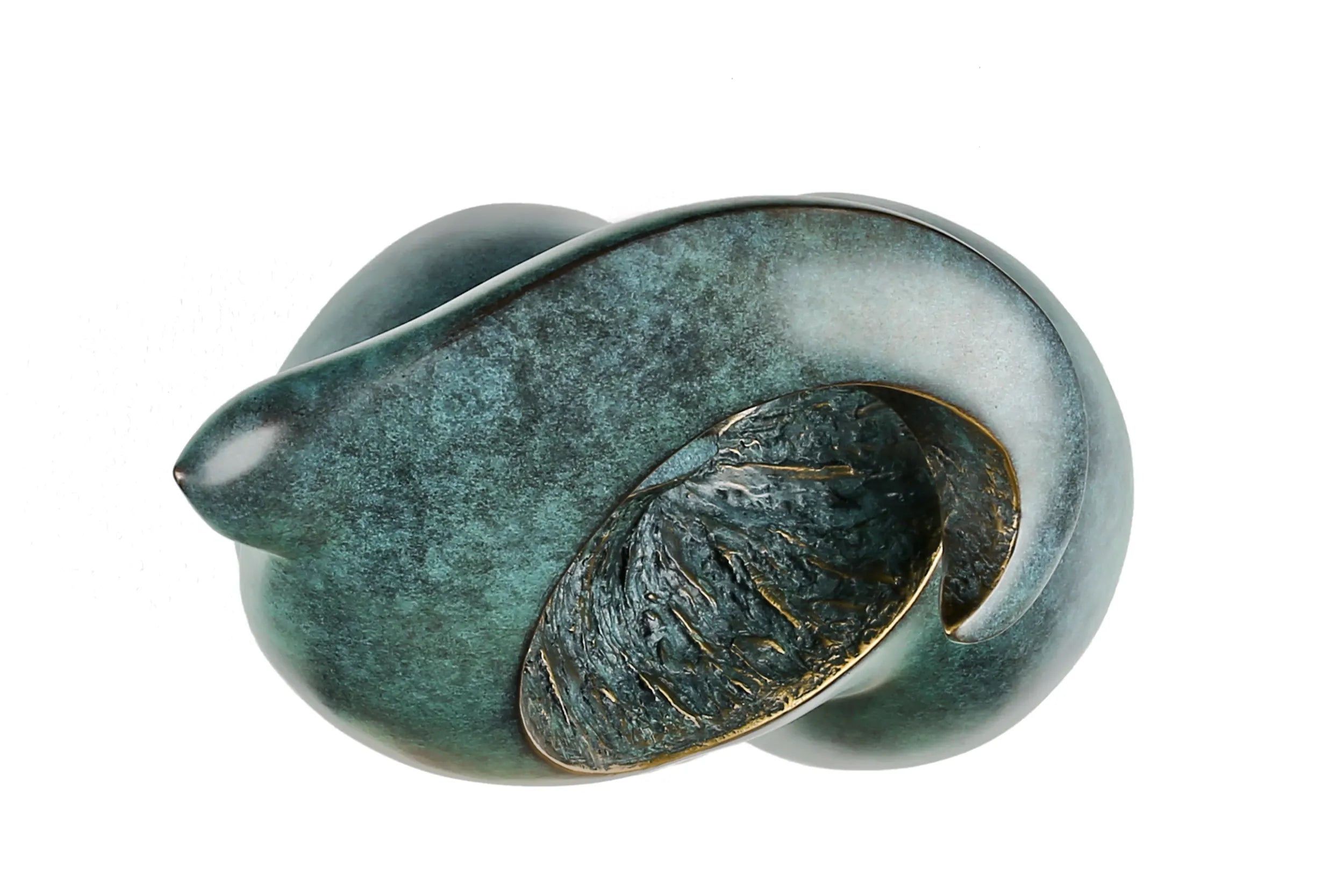 Top view of abstract female torso bronze sculpture showing its curved openwork shape