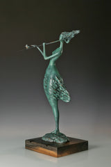 Front angled view of a bronze female musician holding a horizontal flute