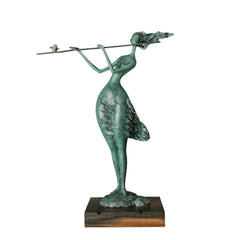 Front view of abstract woman playing a flute with a small bird perched on the instrument