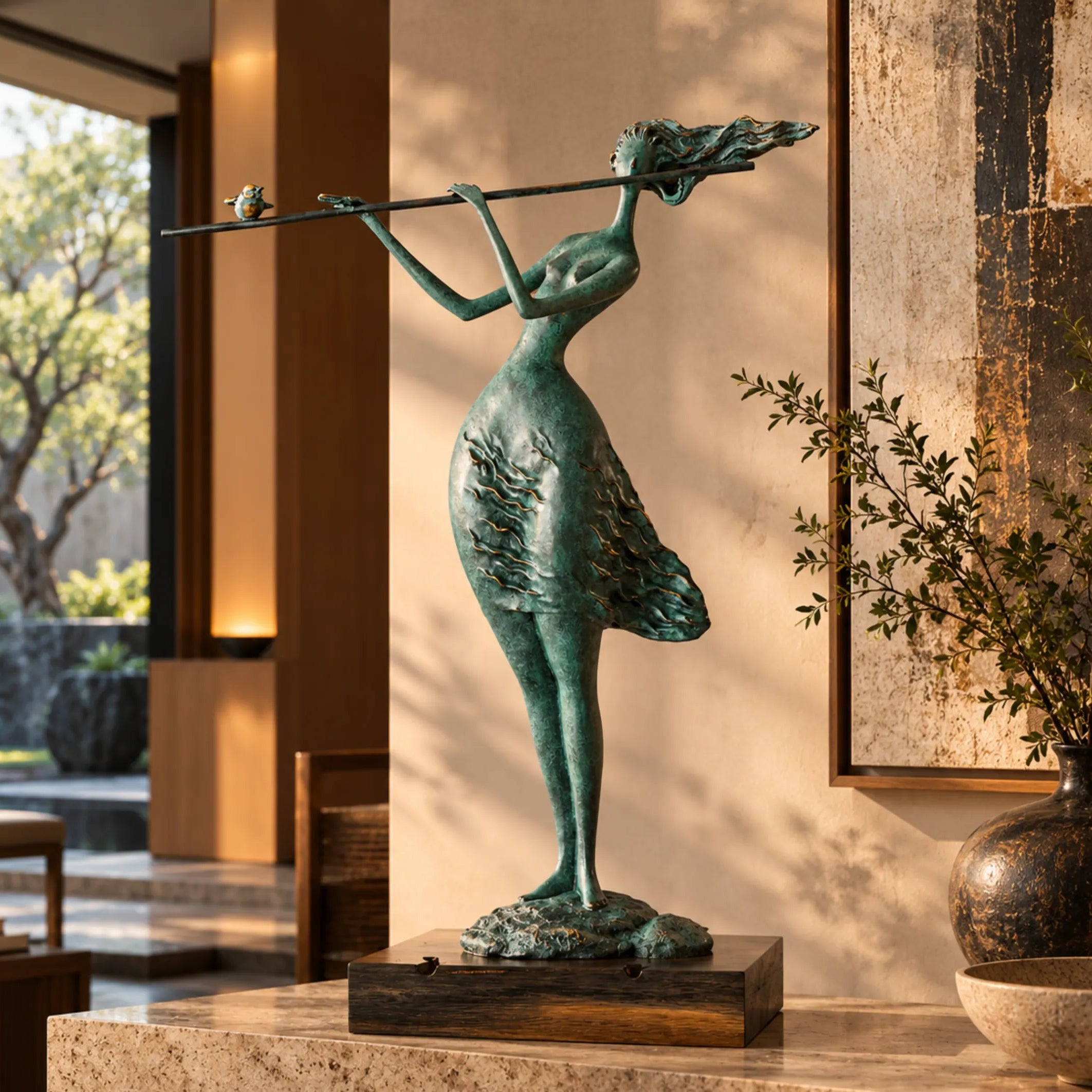 Abstract female flute player bronze sculpture displayed on a stone console in a modern living room