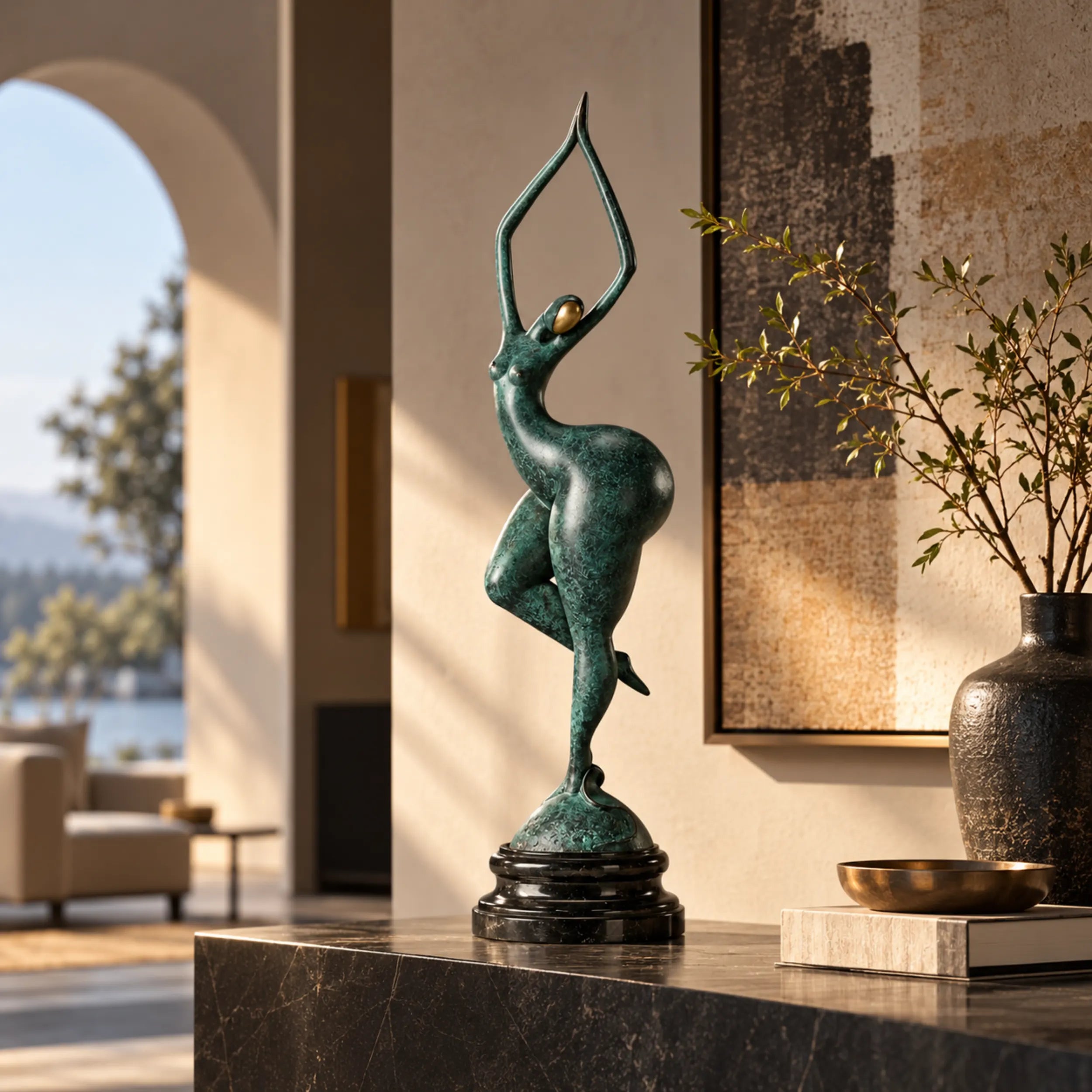 Abstract gymnast bronze sculpture with raised arms and one-leg balance pose displayed in a modern home interior