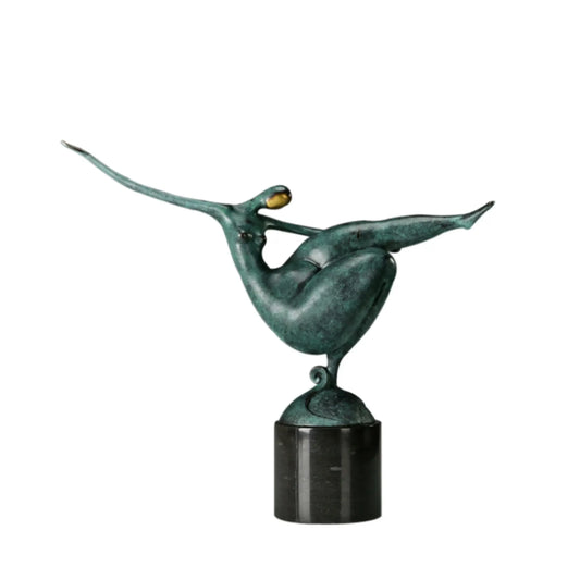 Green patina abstract female gymnast bronze sculpture with outstretched arms, horizontal leg extension and black base