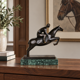 Abstract bronze horse rider statue displayed as modern equestrian, sports, and office decor