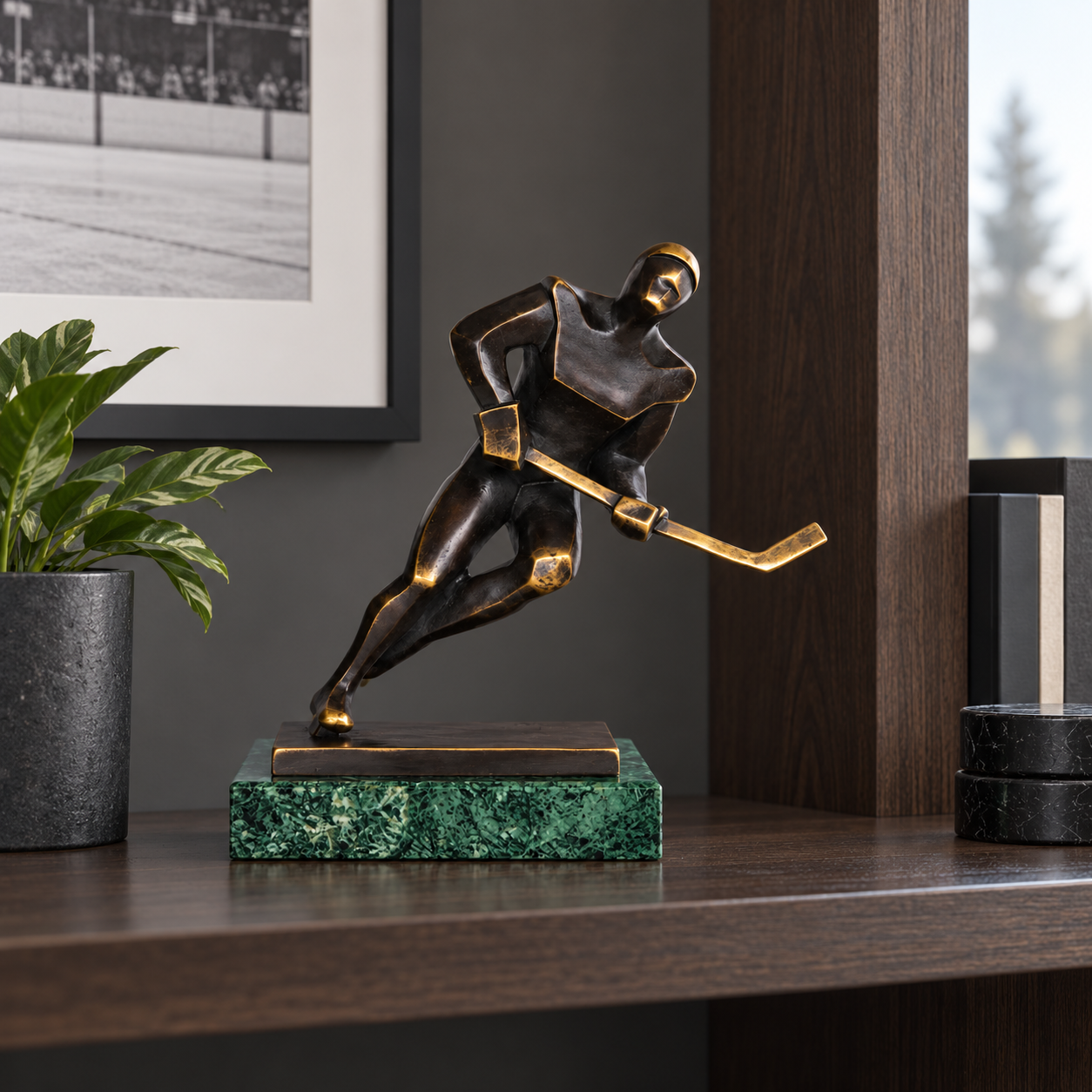 Abstract Ice Hockey Player Bronze Sculpture displayed in a minimalist interior