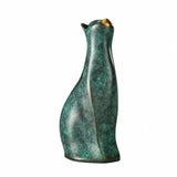Handcrafted abstract looking up cat bronze sculpture with elongated form and green patina