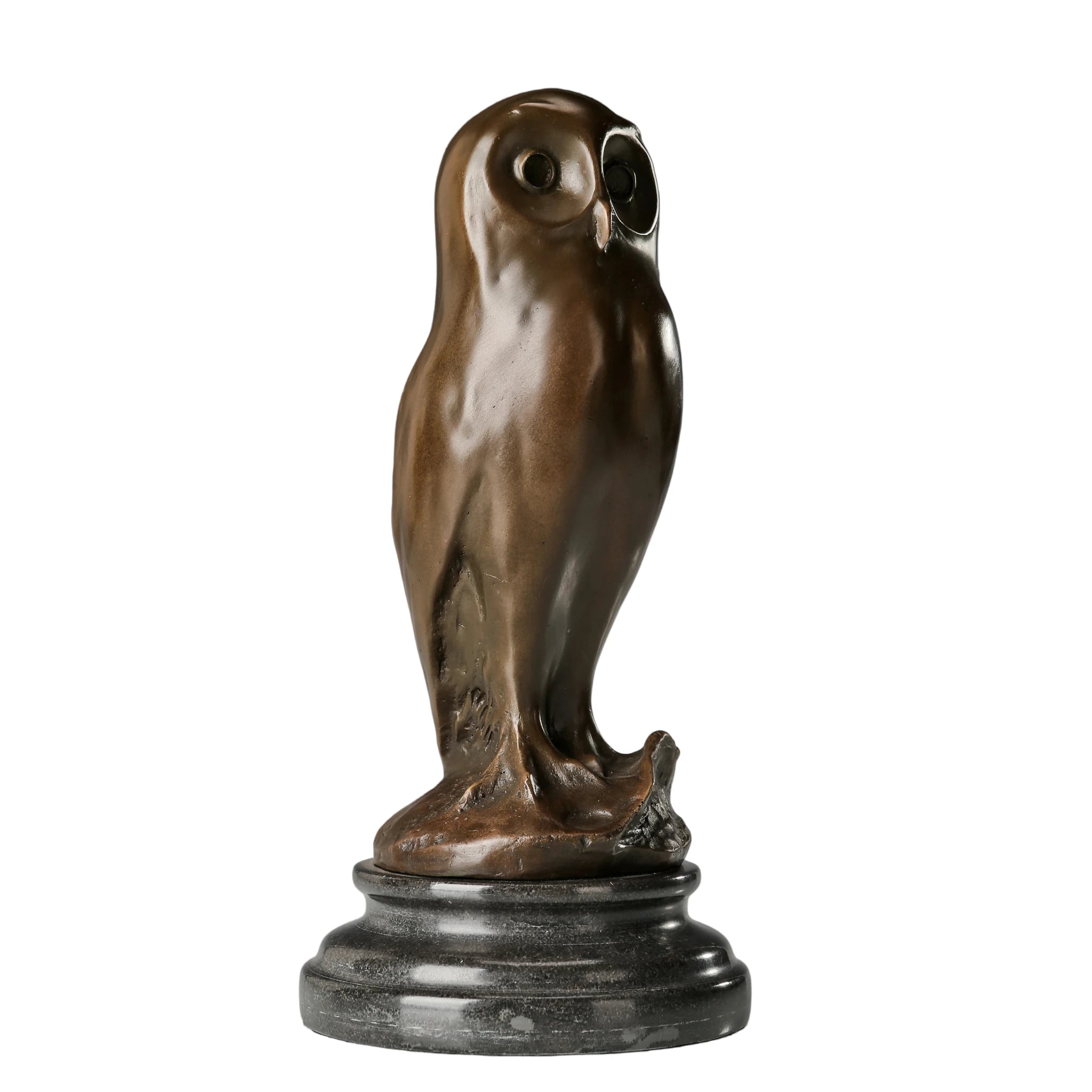 Angled view of modern bronze owl statue showing clean sculptural lines and warm patina