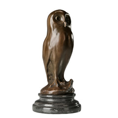 Angled view of modern bronze owl statue showing clean sculptural lines and warm patina