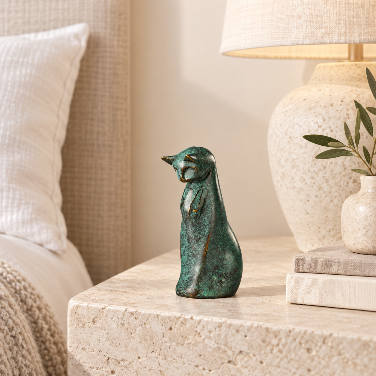 Abstract pensive cat bronze sculpture with green patina displayed in a contemporary interior