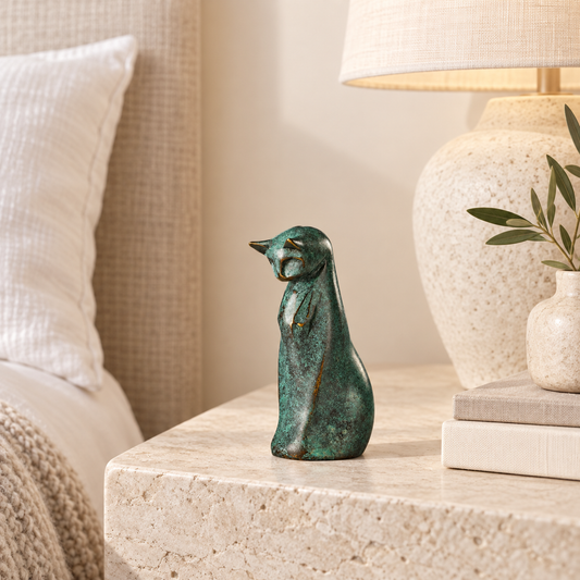 Abstract pensive cat bronze sculpture with green patina displayed in a contemporary interior