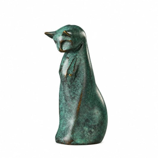 Handcrafted abstract pensive cat bronze sculpture with a lowered head and green patina