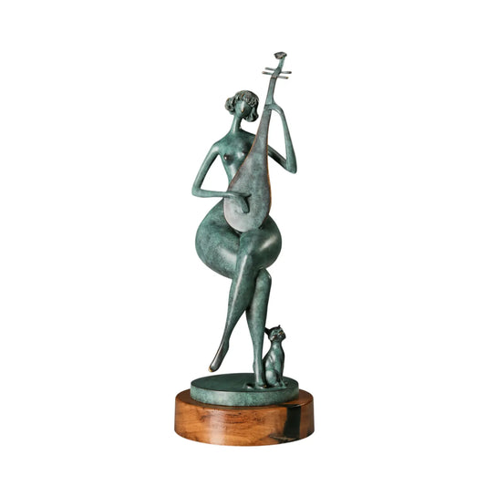 Front view of an abstract female musician holding a Chinese pipa with a small cat at her feet