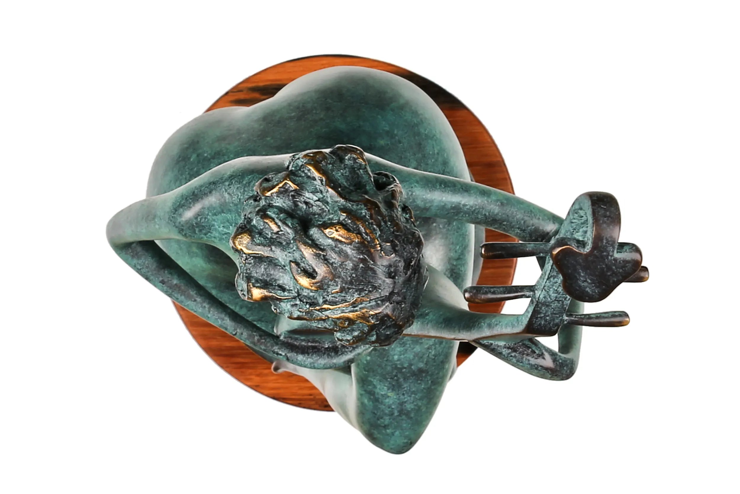 Top view of the seated female pipa player sculpture showing the instrument, hair, and round base
