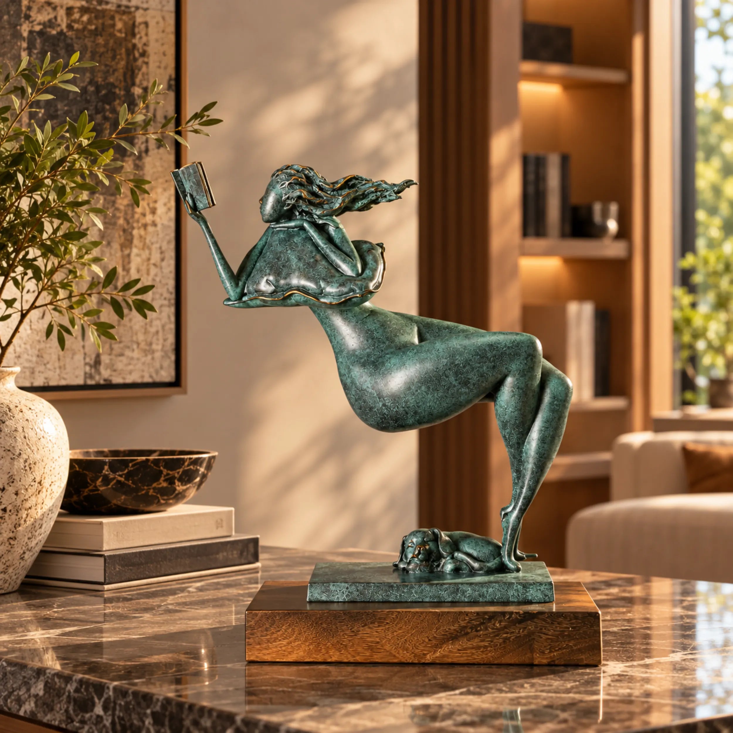 Abstract bronze reading woman with a book and sleeping dog displayed on a wooden side table in a cozy living room