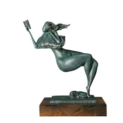 Abstract reading woman bronze sculpture reclining with an open book and sleeping dog on a wooden base