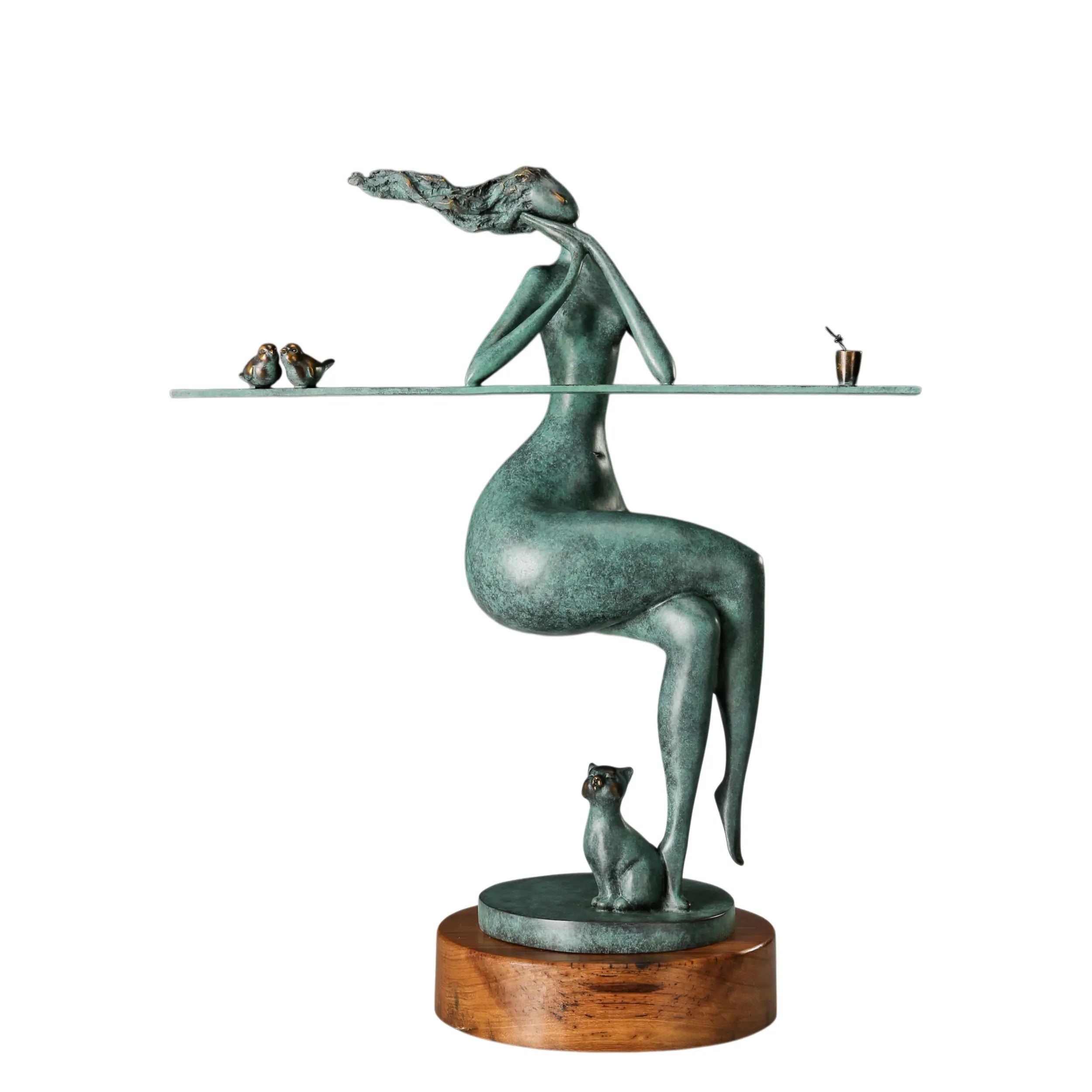 Abstract seated woman bronze sculpture with two birds, a cat, a small drink and green patina