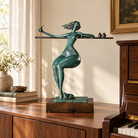 Abstract bronze woman with birds and a sleeping dog displayed on a wooden console in a modern living room