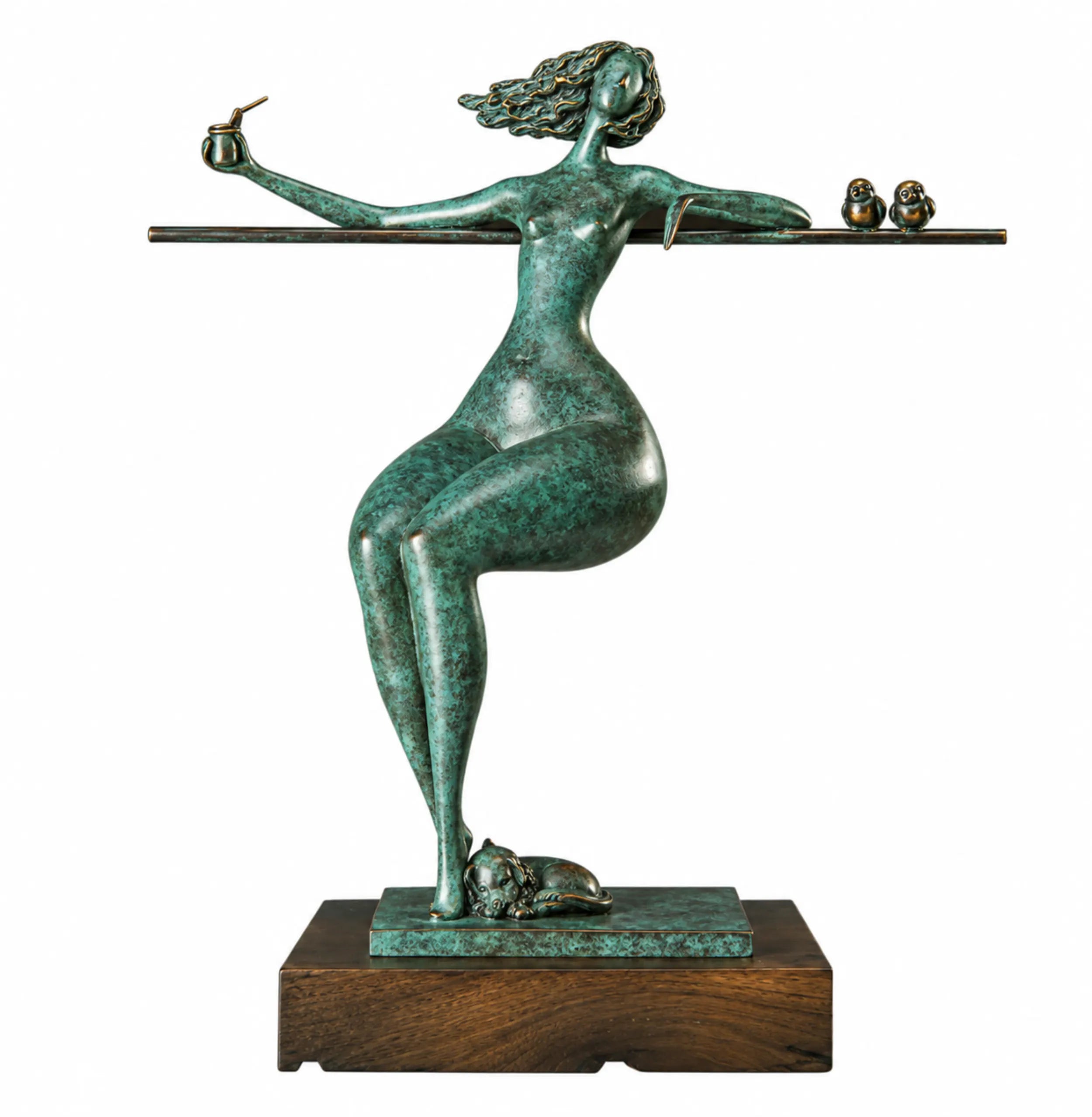 Abstract seated woman bronze sculpture holding a drink with two birds, a sleeping dog, and a wooden base