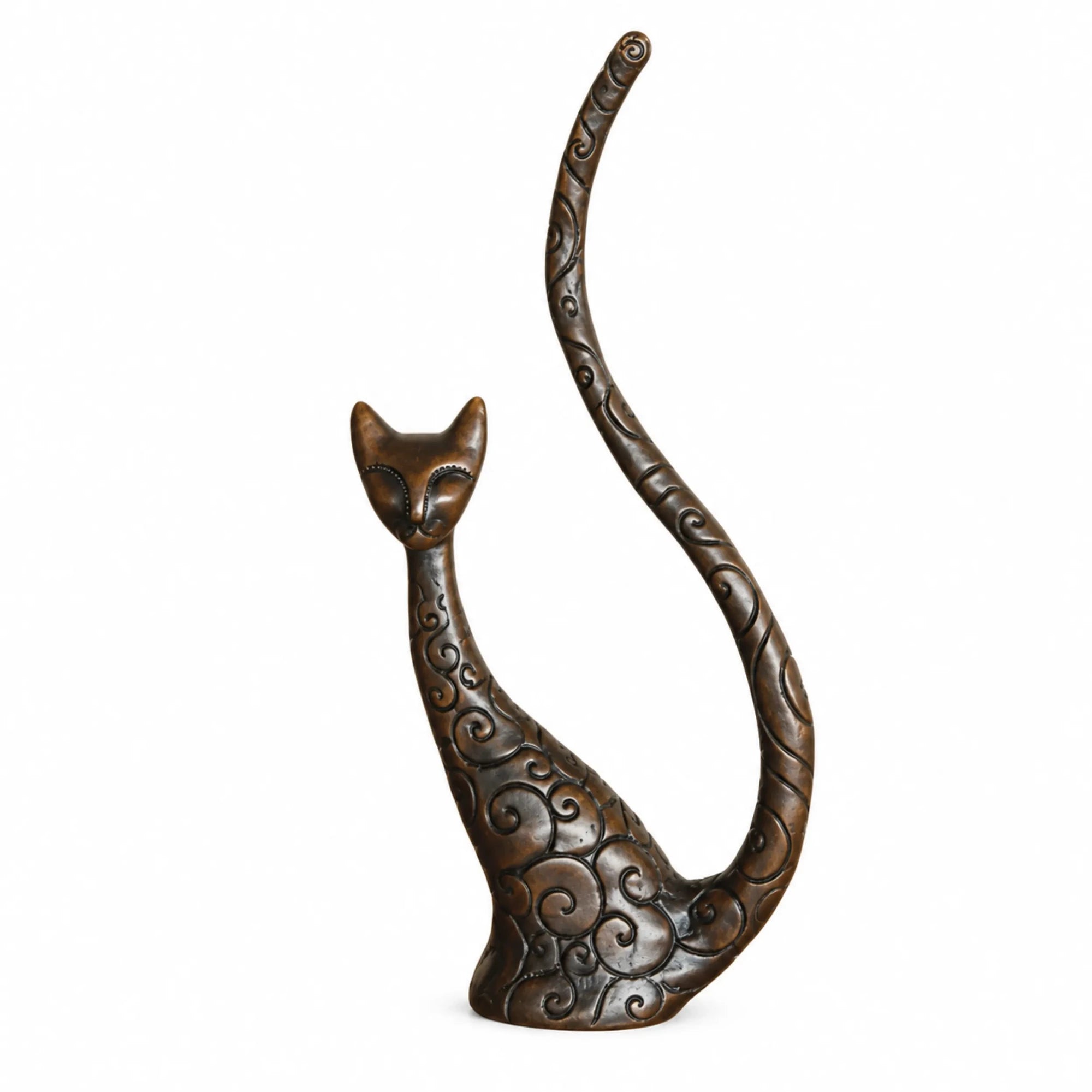 Handcrafted abstract sitting cat bronze sculpture with long curved tail and decorative swirl patterns