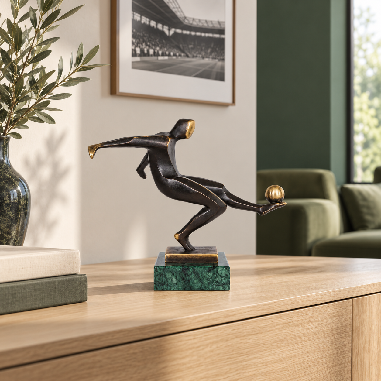 Abstract Soccer Player Bronze Sculpture displayed in a minimalist interior