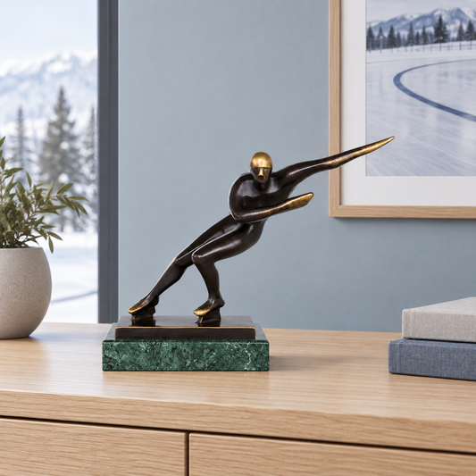 Abstract bronze speed skating athlete statue displayed as modern winter sports and office decor